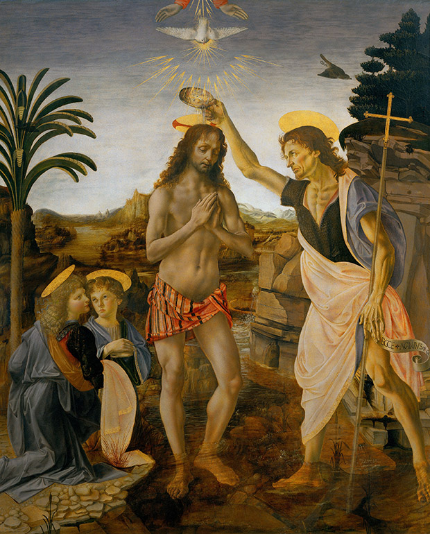 Andrea del Verrocchio e Leonardo da Vinci, Battesimo di Cristo (1475-1478), olio e tempera su tavola. Firenze, Galleria degli Uffizi 